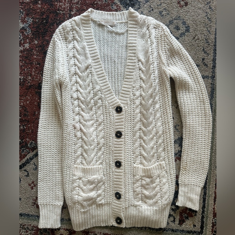 Zara women’s long button up sweater w/ elbow patches, never worn size medium
